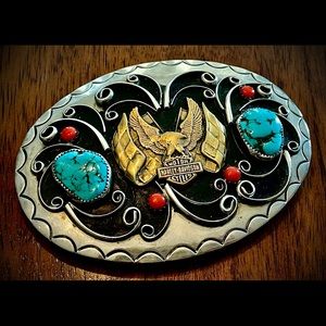 Vintage 70's Harley Davidson Belt Buckle Silver Turquoise 4.5" x 3"